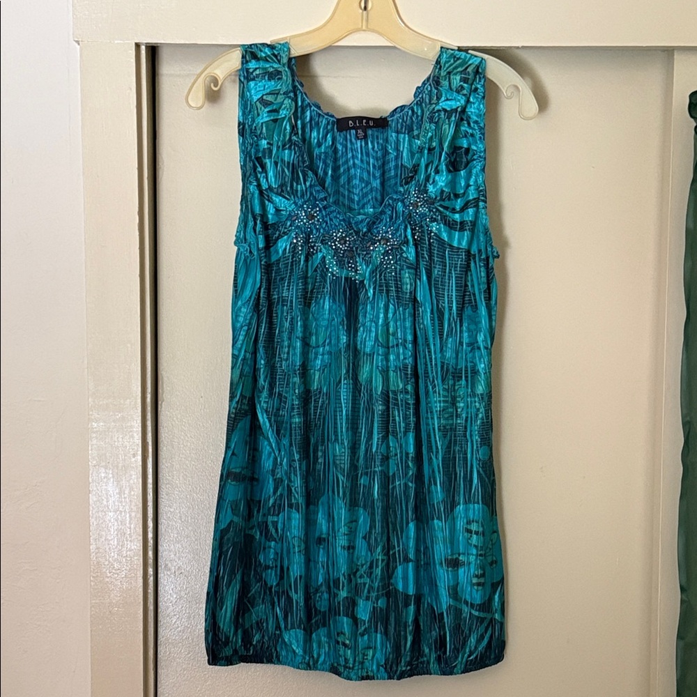 Teal Sleeveless Beaded Tank Dress